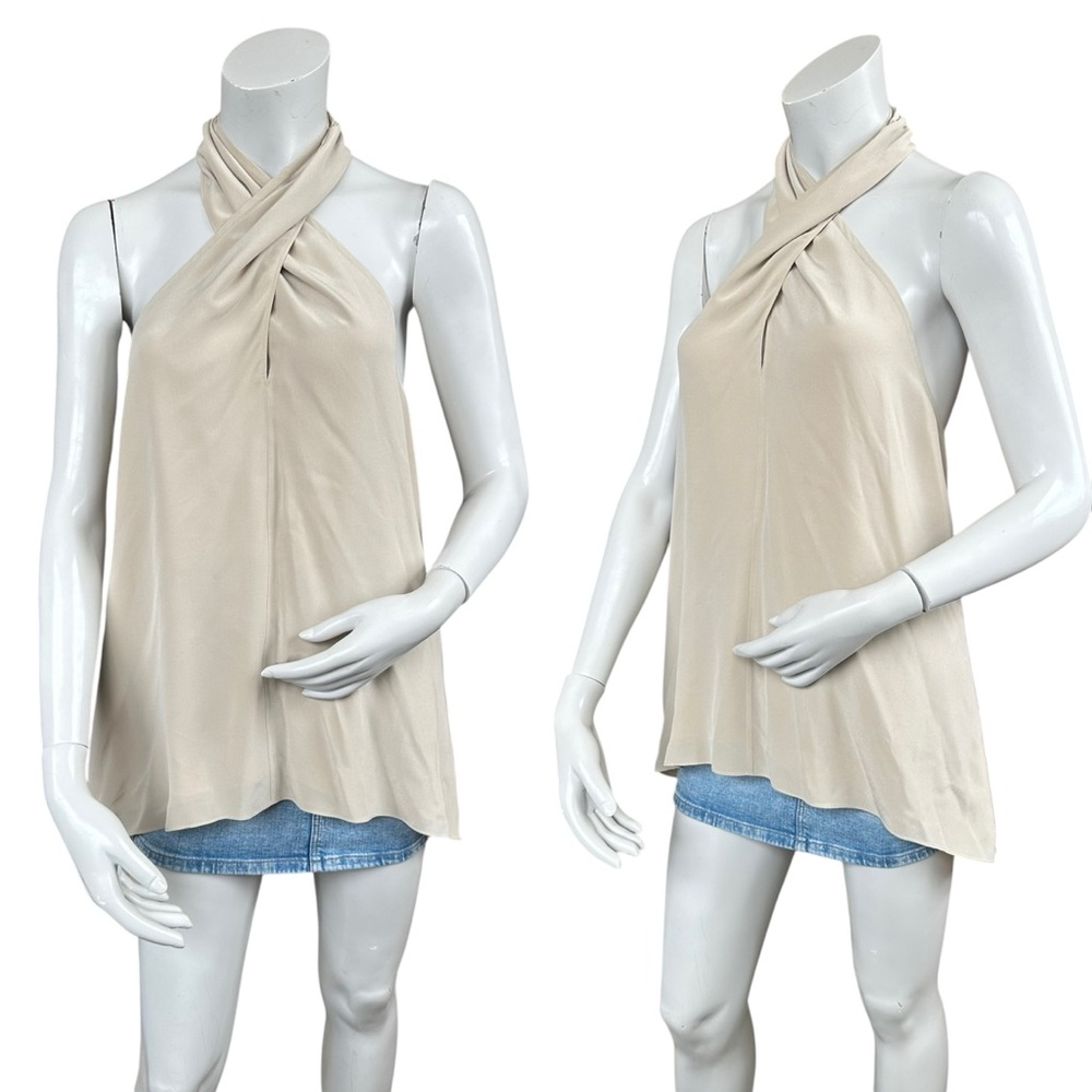 Theory Ertil Silk Twist Front Pale Beige Tan Dressy Sleeveless Halter Top Small